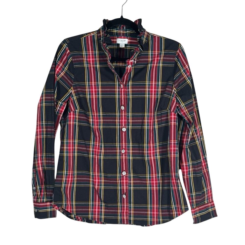 J Crew Black Red Plaid Button Down Shirt Womens M Ruffled Rhinestone Buttons
